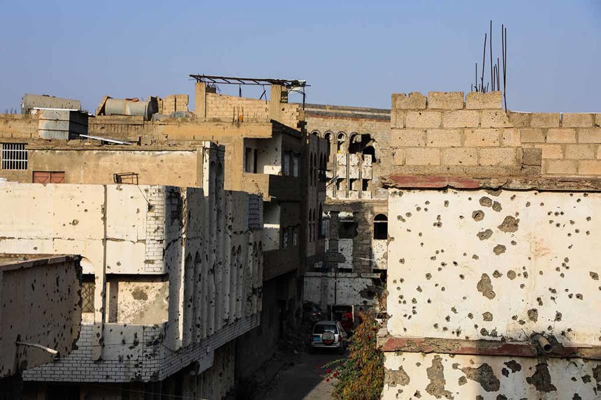 Bullet holes in buildings and walls in Taiz city, Yemen