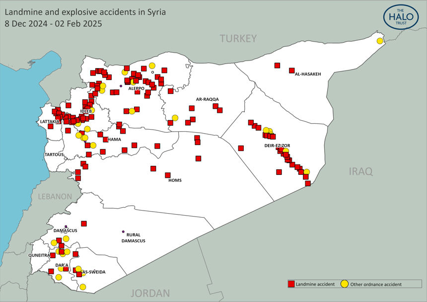 A map of Syria shows landmine and explosive accidents since the fall of Assad