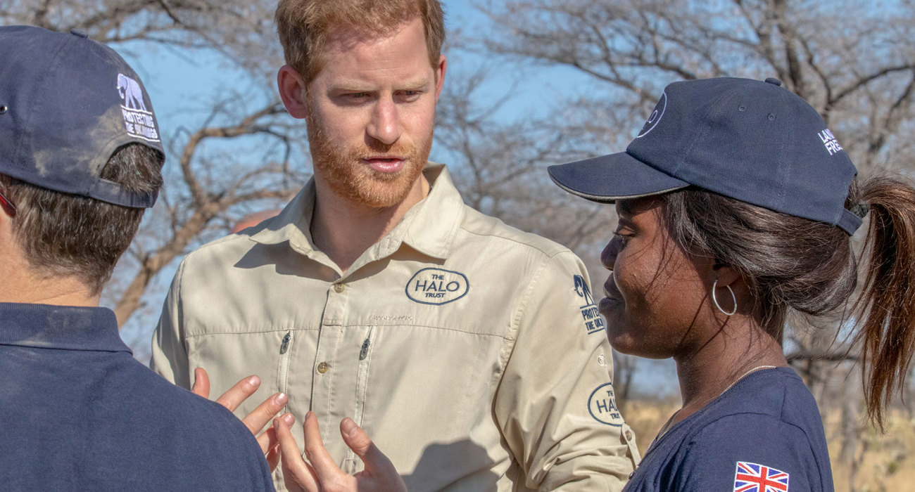 Prince Harry talks with HALO Trust deminer, Elisa, in a minefield in Angola