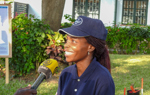 Suzana Soares, HALO Trust deminer and supervisor, giving a media interview during the BP Angola grant signing ceremony in Luanda, May 2019