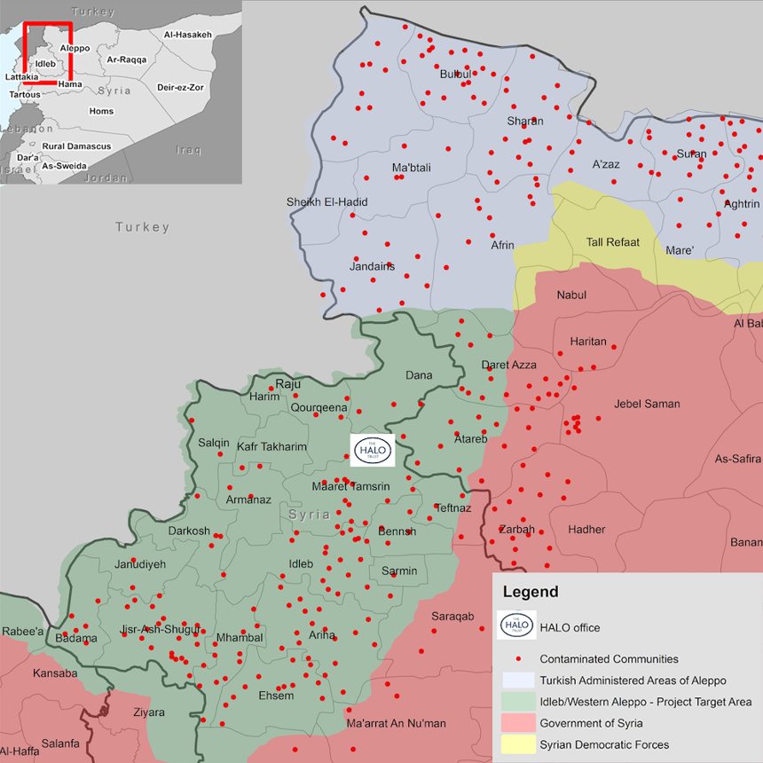 A map of northwest Syria, highlighting explosive contamination and HALO's office