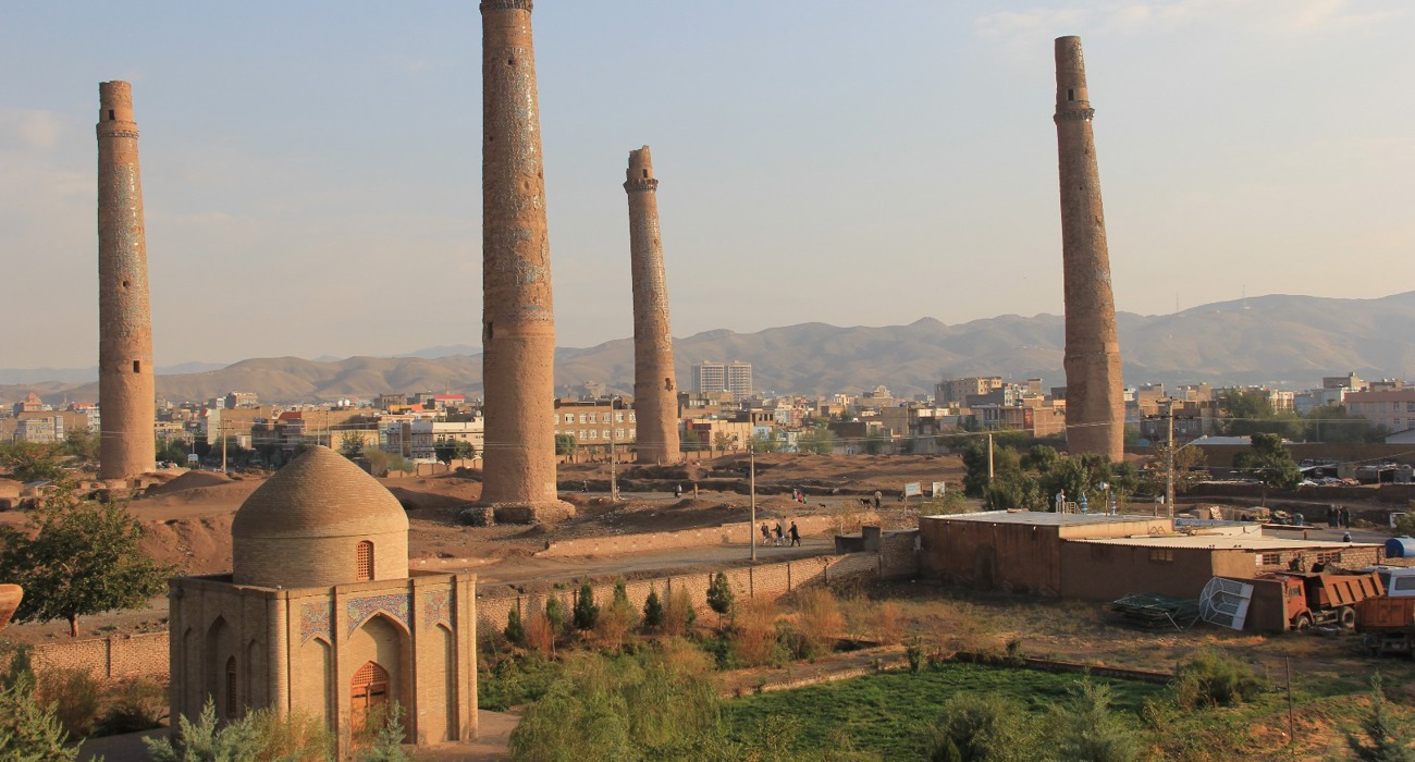 The minarets of the madrasa of Husain Baiqara, built by Sultan Baiqara in the 15th Century, which were used as a base by Soviet troops during the occupation of Afghanistan