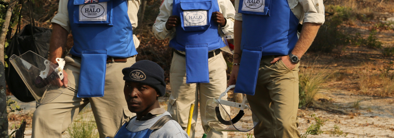 Prince Harry stands with a team of HALO deminers while wearing PPE