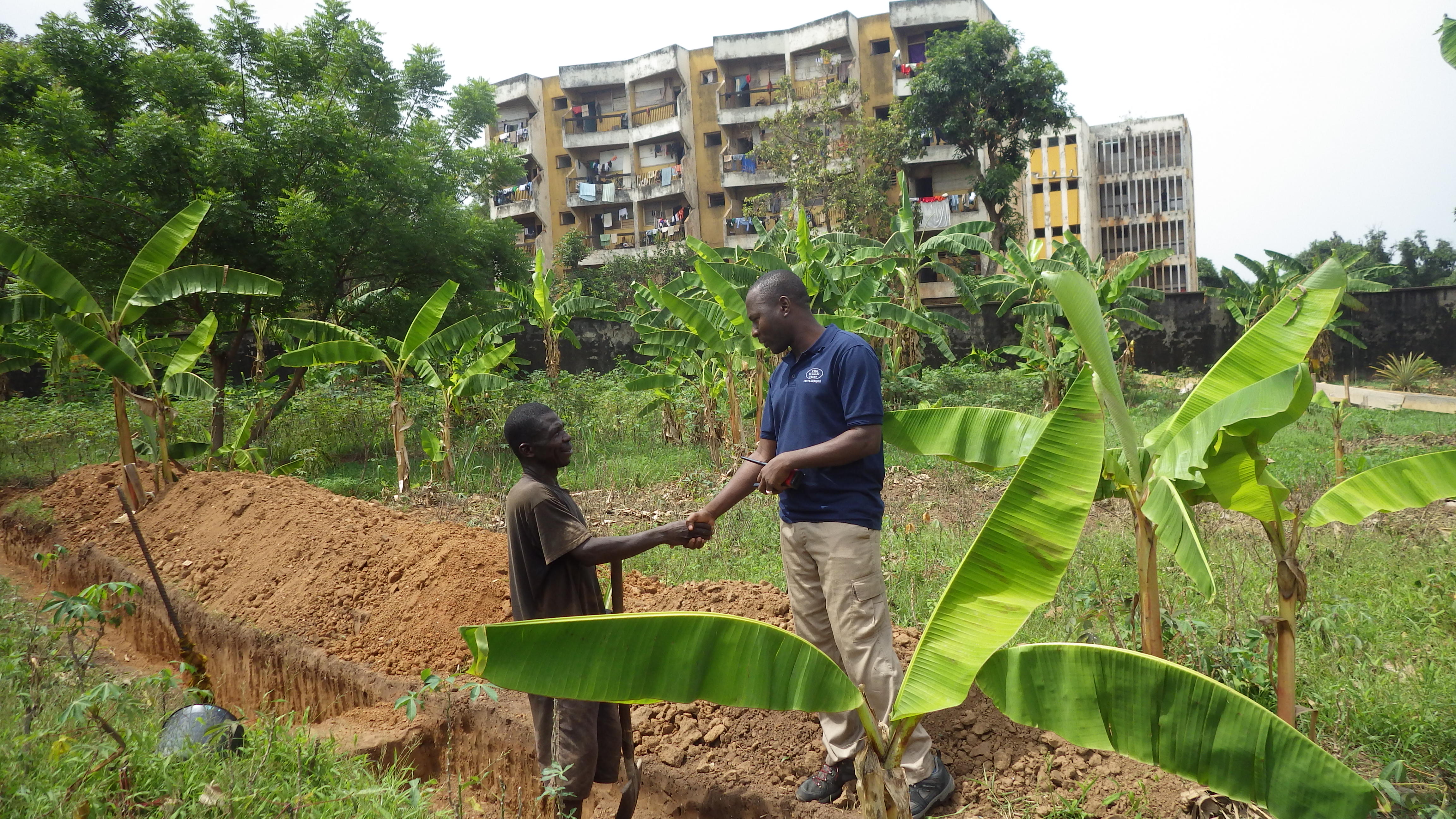 HALO operations officer Yacouba Kone talks to David Demagoza on land where HALO removed two grenades