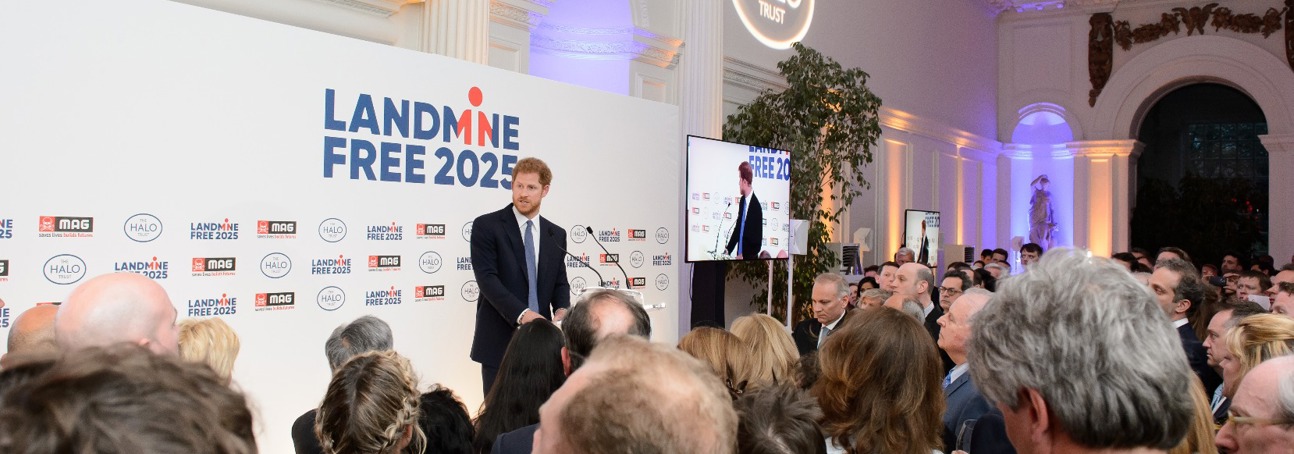 Prince Harry makes a speech addressing the audience at a Landmine Free 2025 event hosted by The HALO Trust and MAG