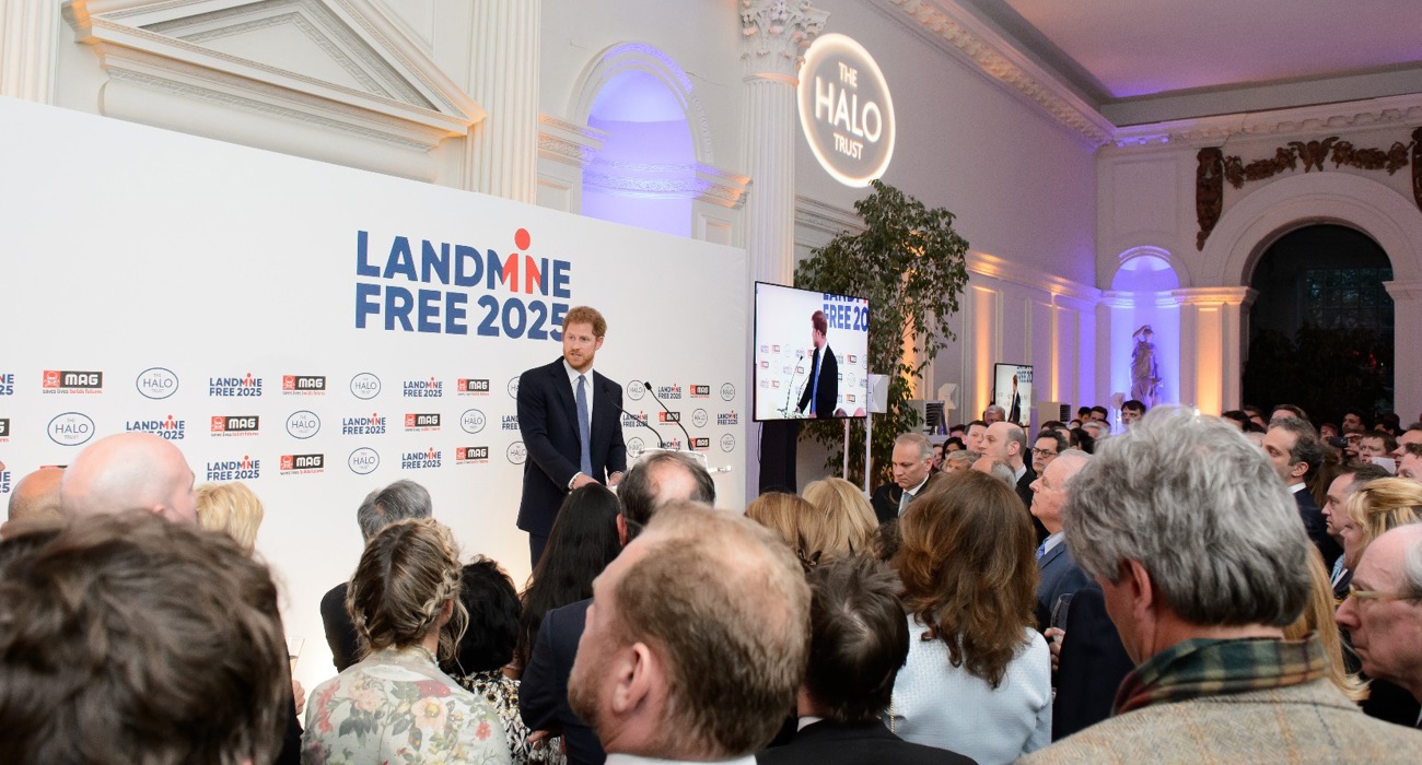 Prince Harry makes a speech addressing the audience at a Landmine Free 2025 event hosted by The HALO Trust and MAG