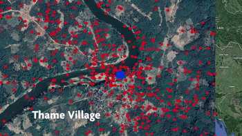 A map highlighting bombs in Thame village