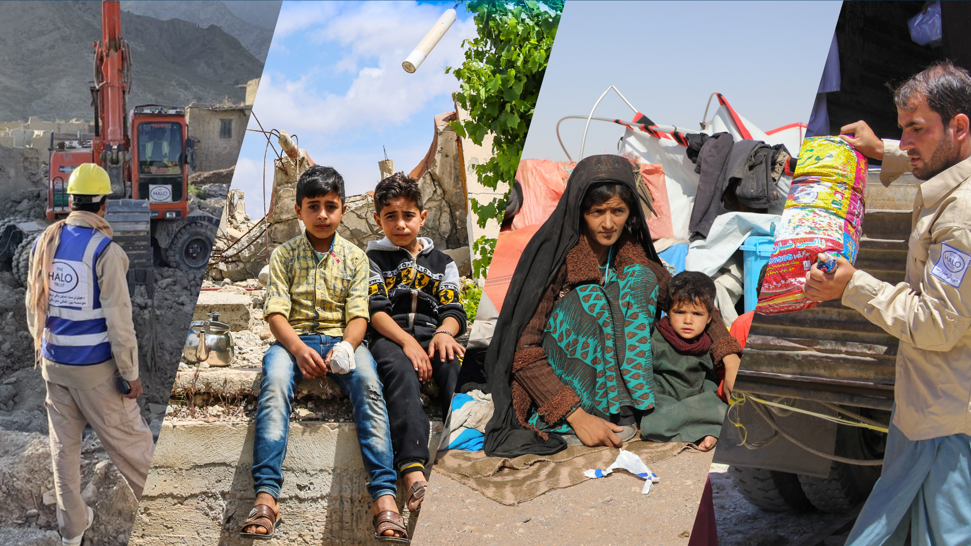 A four-panel banner showing scenes of natural disaster response in Afghanistan.